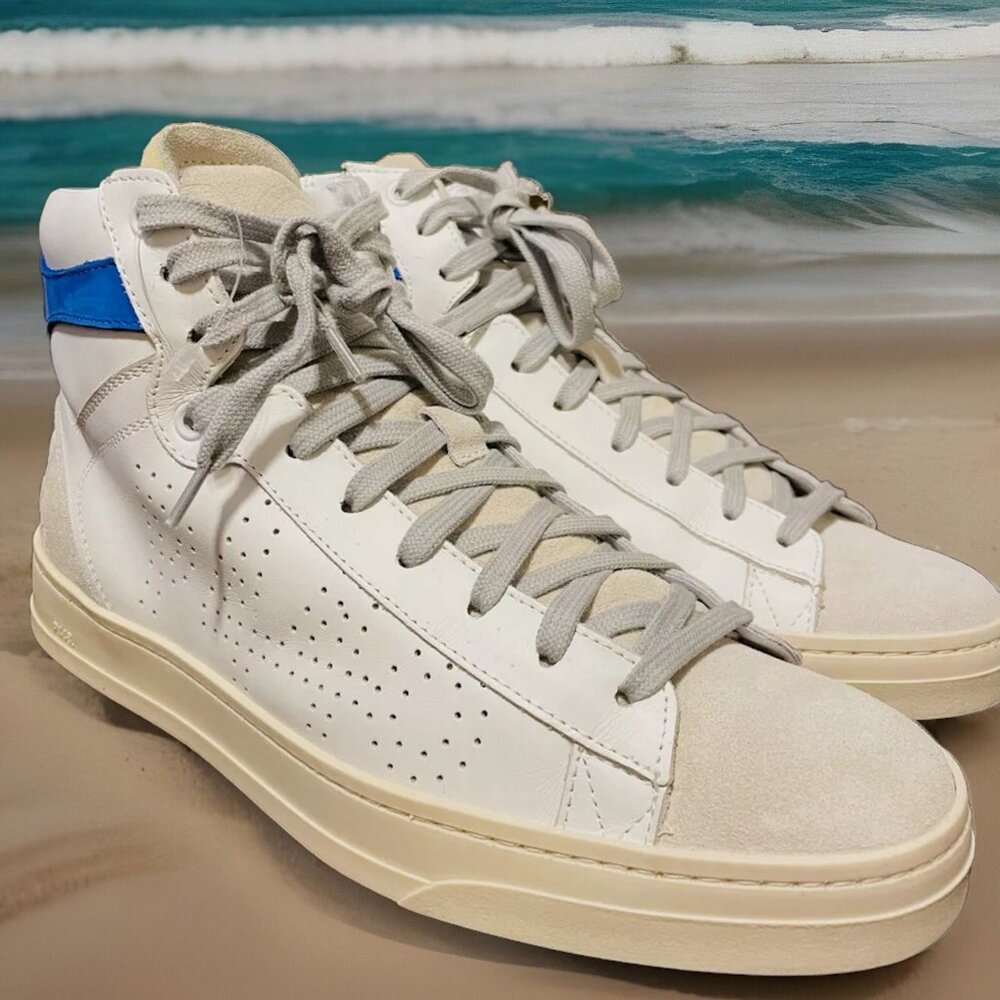 P448 Skate High Top Sneaker White Leather Buff Suede Blue Trim 42 9-9.5 Mens